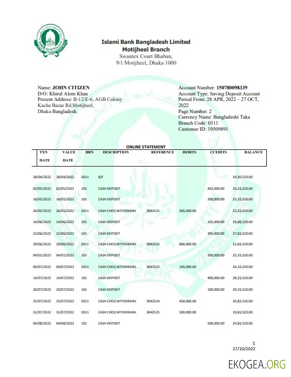 Déclaration de Bangladesh Islami Bank Limited, modèle Word et PDF, 2 pages